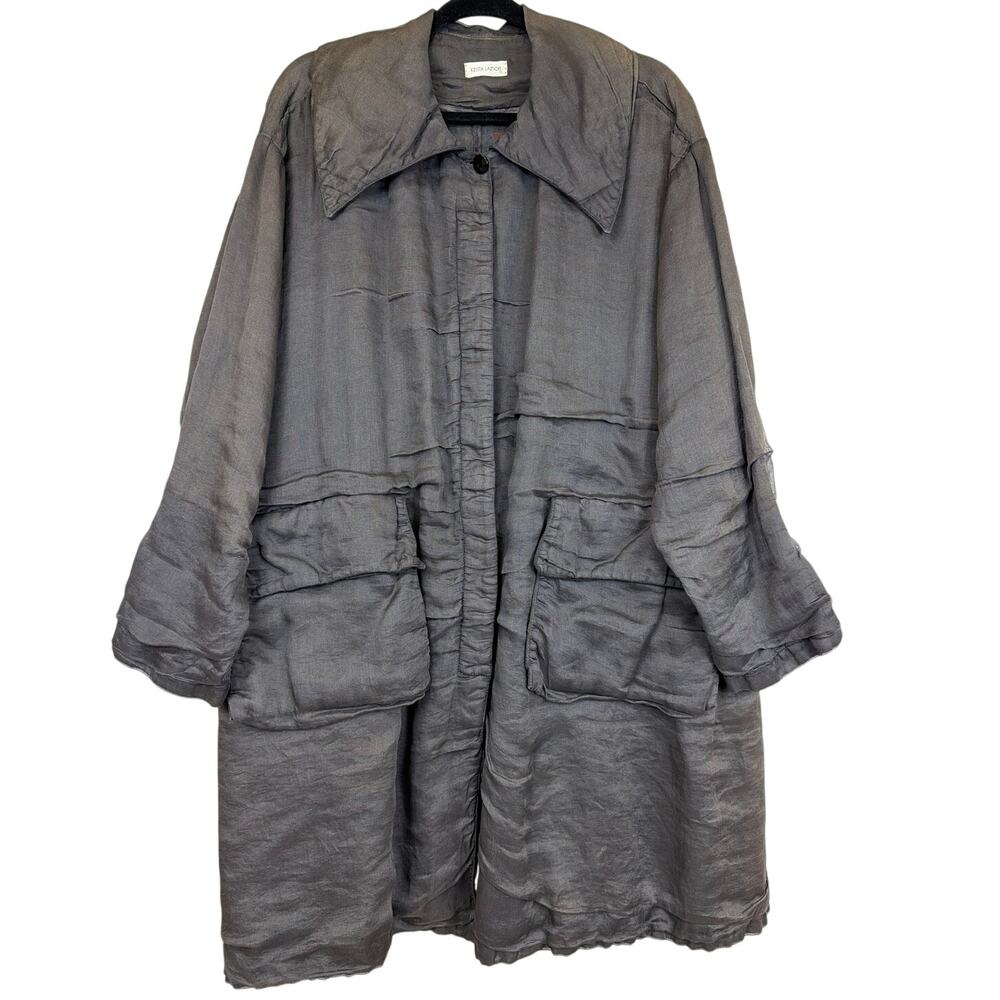 Vintage Krista Larson Black Hidden Placket Pocket Long Line Button Up Jacket OS